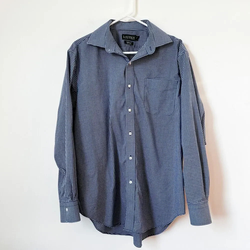 Lauren Ralph Lauren‎ Classic Fit No Iron Blue White Plaid Button Up 17 34/35